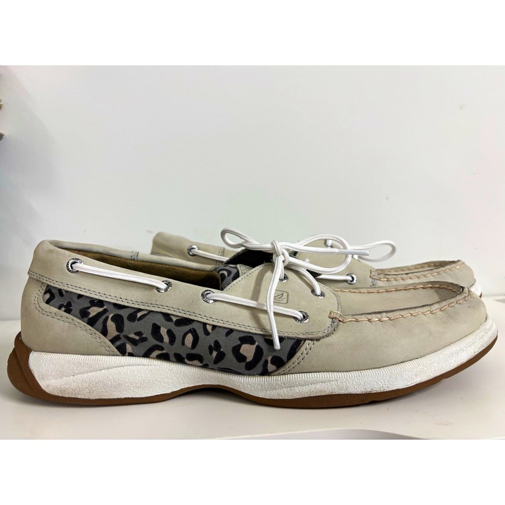 SPERRY Top-Sider Womens 12M Gray Leather Boat Shoes Leopard Print 9778374